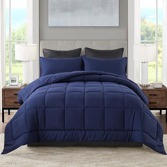 DOWNCOOL Queen Comforter Set -All Season Bedding Comforters Sets with 2 Pillow Cases -3 Pieces Bedding Sets Queen -Down Alternative Navy Comforter Set for Queen Size Bed(88"x92")