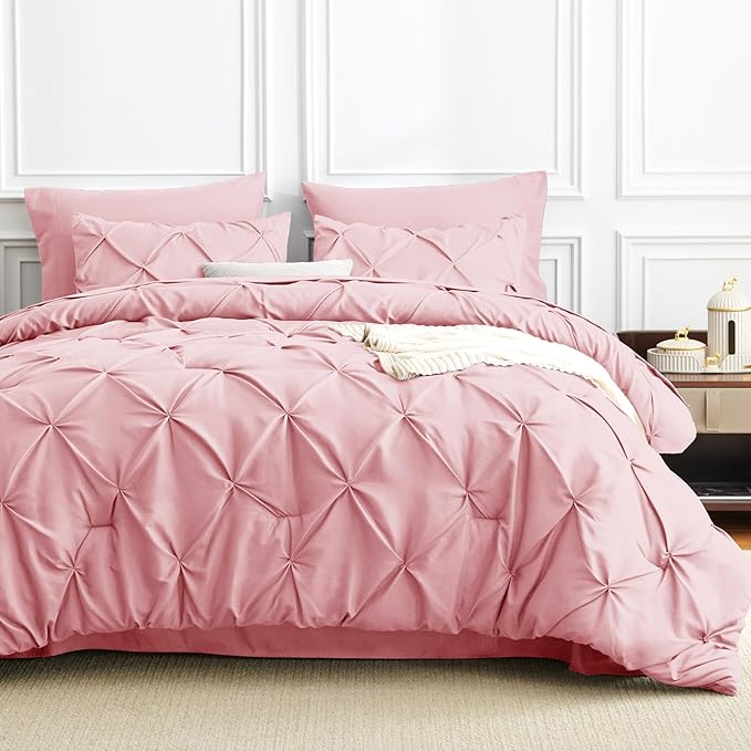 King Comforter Set Pink, 7 Pieces Pintuck Bed in A Bag King Size Bedding, Soft Bed Set All Season Pinch Pleat Comforter Set with Sheets, Pillowcases & Shams
