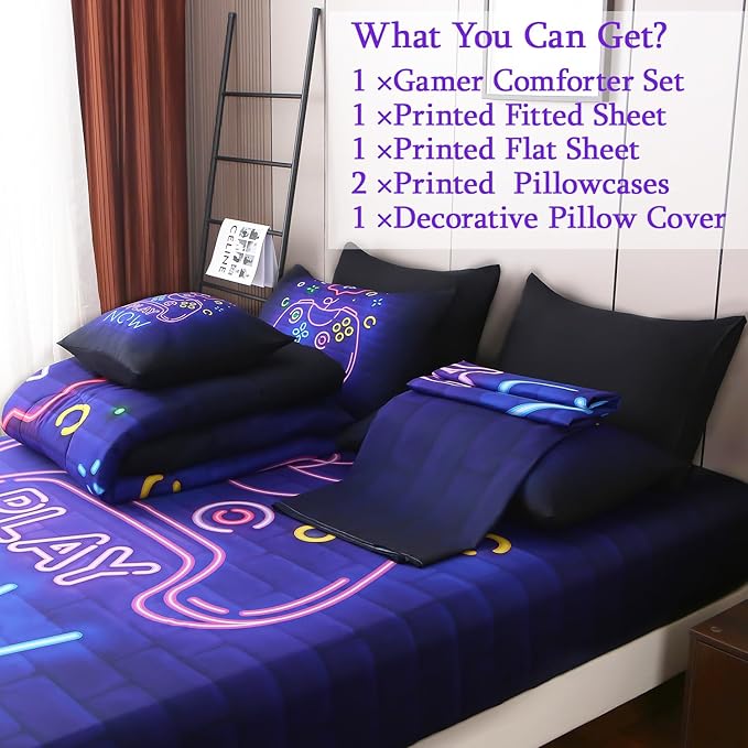 JQinHome Twin Gamer Comforter Set 6 Piece Bed in A Bag for Boys,3D Neon Light Up Design for Classic Console -All Season Soft Microfiber Down Alternative Comforter Gamer Bedding Sets for Kids (Purple)
