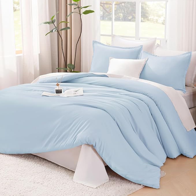 Litanika Comforters Light Blue California King Size, 3 Pieces Cal King Lightweight Solid Bedding Comforter Set, All Season Fluffy Bed Set (104x96In Comforter & 2 Pillowcases)