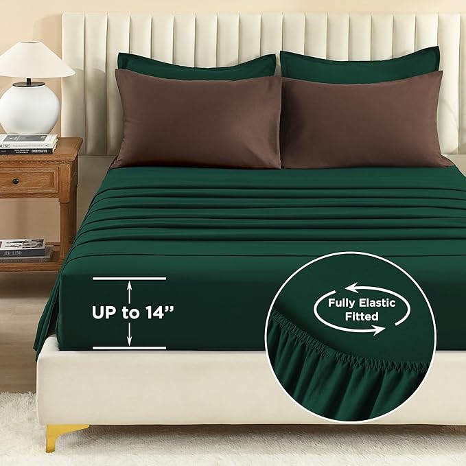 Litanika Queen Comforter Sets Brown Emerald Green- 7 Pieces Bed in a Bag Beddding Sets, Solid Lightweight Bed Set with Comforter, Sheets, Pillowcases & Shams