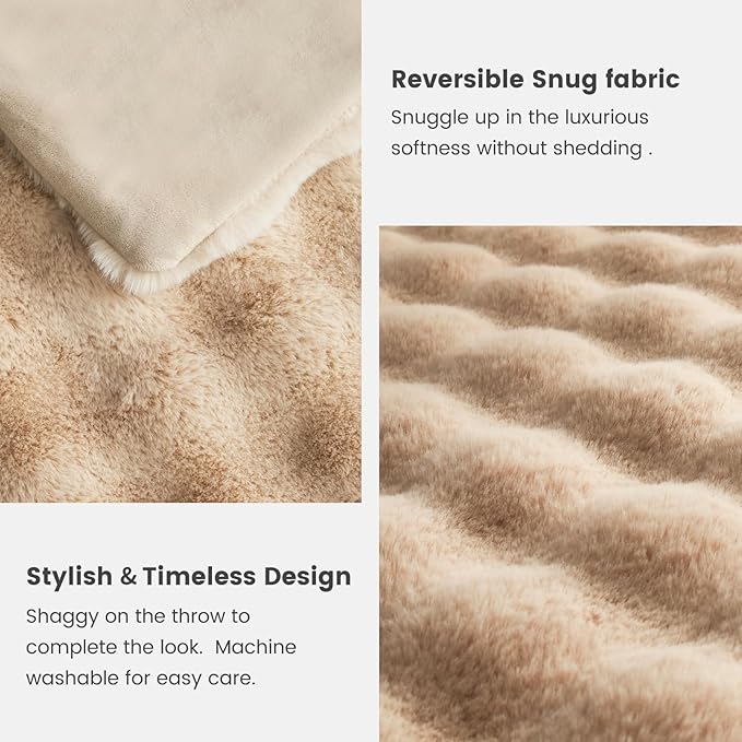 Cozy Bliss Faux Fur Throw Blanket for Couch, Bubble Plush Blanket King Size, Fuzzy Soft & Thick Blanket for Bed Sofa Living Room, 108x90 Inches Beige