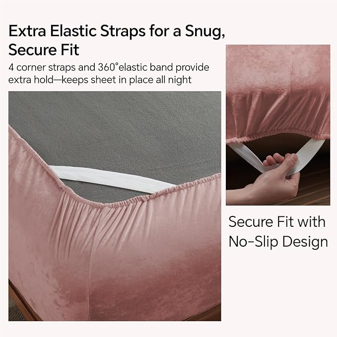 BEDELITE Velvet Fitted Sheet and Pillowcases Set, Luxury Soft Fuzzy Bottom Sheet with Reinforced Elastic Corner Straps, Deep Pocket up to 15 Inch, 1 Fitted Sheet and 2 Pillowcases (Queen, Dusty Pink)