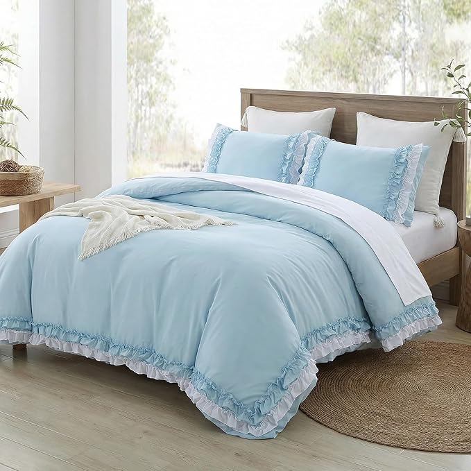 Bedrom Light Blue Duvet Cover Queen Ruffled Bedding Set Elegant Ruffle Lace Bedroom Decor Shabby Chic Farmhouse Style Blue Boho Duvet Cover Set