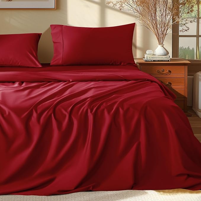 Shilucheng 100% Egyptian Cotton Sheets Set，Luxury Cotton Bed Sheets，Breathable Bedding and Pillow Cases, 16 Inch Deep Pocket - 4 Piece (Burgundy, King)