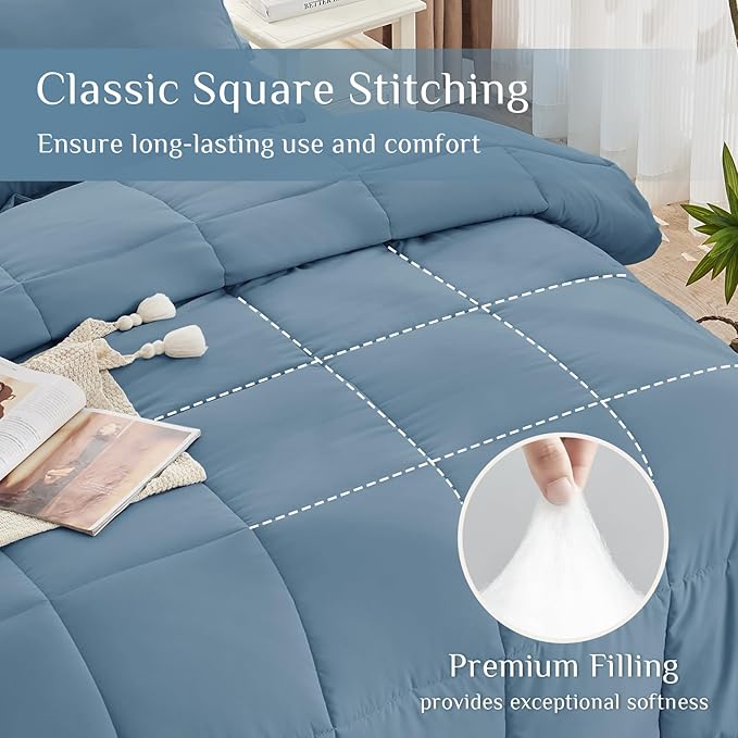 JOLLYVOGUE King Comforter Set, Ultra-Soft Bed in a Bag King Size 7 Pieces, Oeko-TEX Certified Bedding Set with Down Alternative Comforter, Sheets, Pillowcases & Shams, Dusty Blue