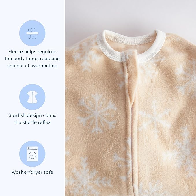 SleepingBaby Zipadee-Zip Transition Swaddle - Cozy Fleece Wearable Blanket with Two-Way Zipper for Baby Sleep - Snowflakes, X-Small (3-6 Month)