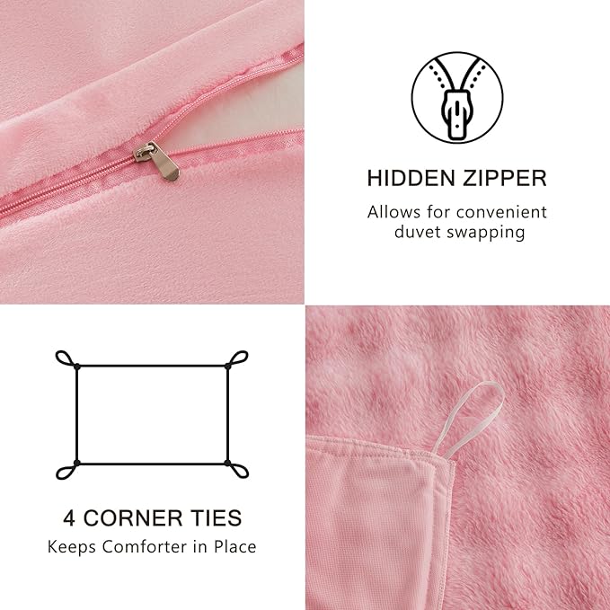 EMME Faux Fur Duvet Cover Queen Size, 3 Pieces Ultra Soft Fluffy Comforter Cover, Cozy Warm for Winter, Luxury Elegant Shaggy Bubble Design Bedding, 1 Duvet Cover & 2 Pillow Shams (Queen, Pink)