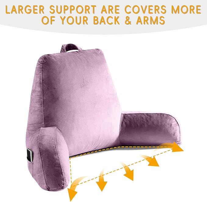 Reading Pillow for Sitting in Bed Adult, Reading Pillow with Shredded Memory Foam, Bed Pillow with Washable Cover, Back Pillow Sitting Up with Extend Arms, Purple, X-Large
