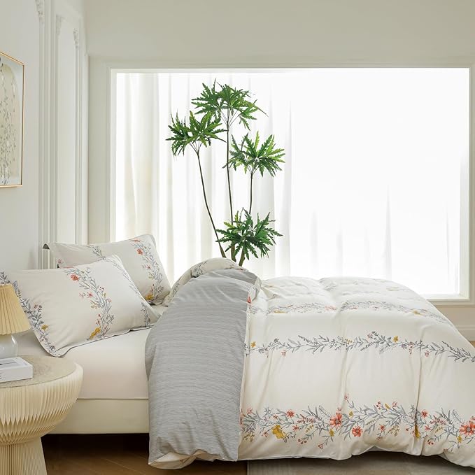 OAITE Duvet Cover Set King Size Floral Pattern Ultra Soft 100% Cotton Duvet Cover Sets 3-PC, Breathable Duvet Cover with Zipper Closure & Corner Ties(2 Pillow Shams,1 Duvet Cover)