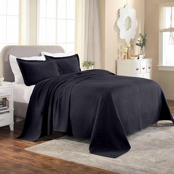 Superior 3 Piece Basketweave Cotton Bedspread Set, Home Bed Decor, Decorative Bed Spread, 2 Pillow Shams, Medium Weight Blanket, Matelasse Coverlet Bedding, Geometric Lattice Pattern, Queen, Navy Blue