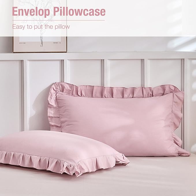 Lekesky Ruffle Duvet Cover Queen Size, Farmhouse Shabby Chic 3 Pieces Washed Microfiber Pink Girls Bedding Set, Soft Aesthetic Queen Comforter Cover with Ruffled Edges, Zipper & Corner Ties