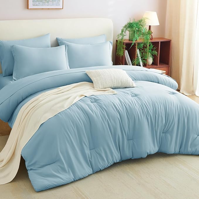 CozyLux King Size Comforter Set Light Blue, 7 Pieces Bed in a Bag King Comforter Set with Sheets, Bedding Set with Down Alternative Comforter, Fitted Sheet, Flat Sheet, Pillow Shams and Pillowcases