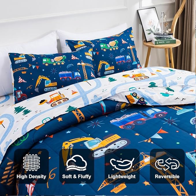 Holawakaka Trucks Tractors Cars Boy Bedding Comforter Set with Sheets, Twin Size Cartoon Construction Car Excavator Print Kids Bed in A Bag 5-Piece, Boys Reversible Dorm Bed Sets (Navy Blue Twin)