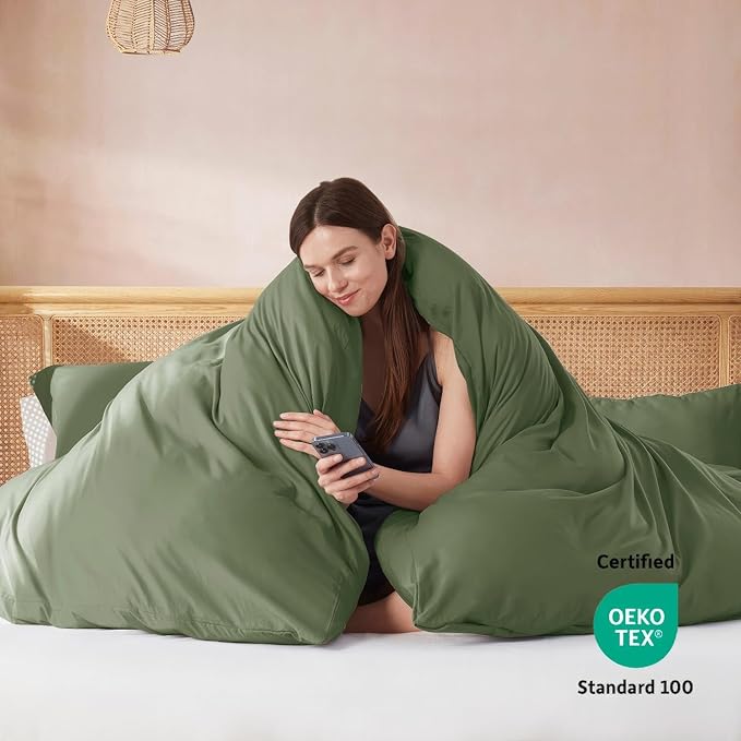 Nestl Full Duvet Cover Set with Comforter Insert - Olive Green 4 Piece 80x90 Duvet Cover & 2 Pillow Shams with White Quilted Down Alternative Comforter, Ultra Soft, All Season