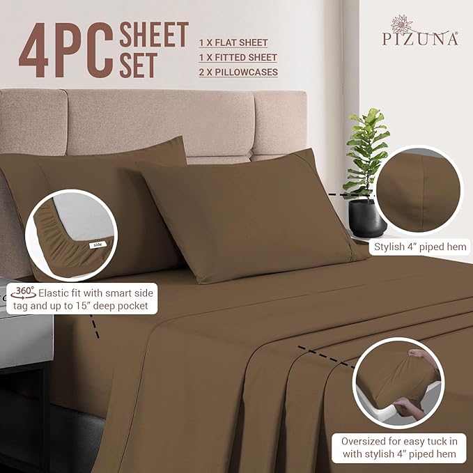 Pizuna Pure 100% Cotton Sheets RV Queen Size, Luxurious 400 Thread Count Long Staple Cotton Sateen Sheets RV Queen with 15" Deep Pocket (Combed Woody Brown Cotton Sheets RV Queen)