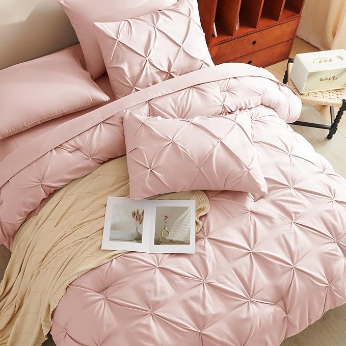 CozyLux Oversized King Comforter Sets Blush Pink, 7 Pieces Oversized King Pintuck Bed in A Bag, Pinch Pleat Bedding Sets with All Season Comforter, Flat Sheet, Fitted Sheet, Pillowcases & Shams