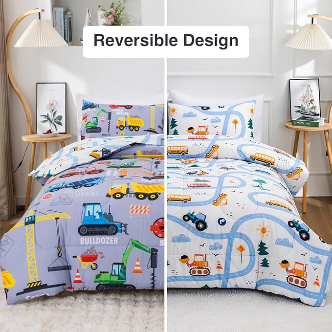 Holawakaka Trucks Tractors Cars Boy Bedding Comforter Set with Sheets, Twin Size Cartoon Construction Car Excavator Print Kids Bed in A Bag 5-Piece, Boys Reversible Dorm Bed Sets (Red Twin)