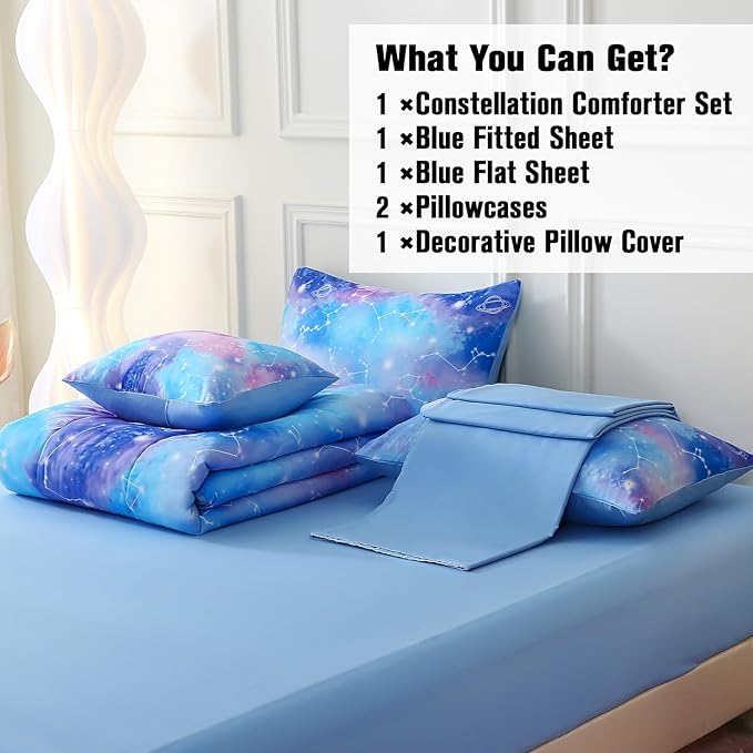 JQinHome Queen Gradient Galaxy Comforter Set for Girls,6 Piece Bed in A Bag 3D Colorful Tie Dye Constellation Print Ombre Bedding Set with Sheets(Blue)