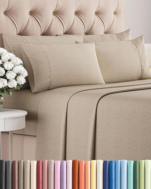 King 6 Piece Sheet Set - Comfy Breathable & Cooling - Soft Hotel Luxury Bedding Set with 8-16 Inch Deep Pockets - 1 Flat & 1 Fitted Sheet & 4 Pillowcases - Wrinkle Free & Easy Care - Heathered Beige