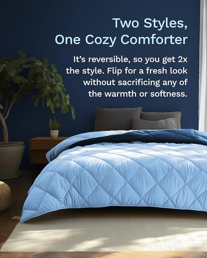 ViscoSoft All Seasons Twin XL Down Alternative Reversible Quilted Comforter - Breathable Premium Extra Long Soft Microfiber Duvet Insert Light Blue/Navy