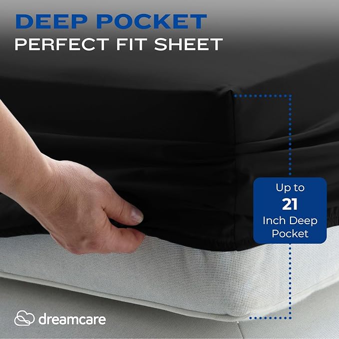 DREAMCARE King Size Sheets Set – 4 pcs Cooling Sheets – up to 21” Deep Pocket King Sheet Set – Hotel Luxury Sheets & Pillowcases – Superior Softness 100% Fine Microfiber with Side Pocket – Black