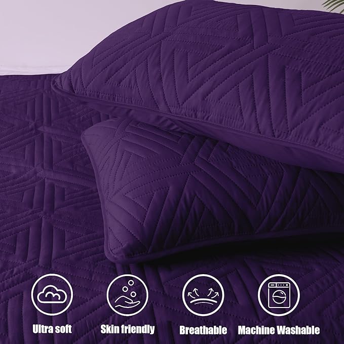 Whale Flotilla Soft California King Size Quilt Set for All Seasons, 3-Piece Ultrasonic Bedding Set, Lightweight Reversible Bedspread, Coverlet, Bed Cover with 2 Pillow Shams, Purple