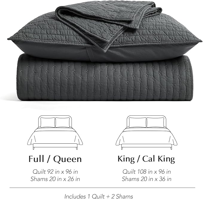 EVERGRACE Cross Stitch Pre-Washed Cotton Quilt Bedding Set King Size, Oversized 3 Pieces Lightweight Bedspread Coverlet for All Season, with 2 Matching Shams, Charcoal, 108"x96"