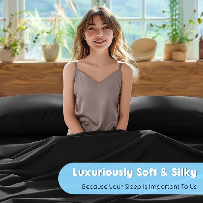 SONORO KATE 100% Egyptian Cotton Sheets Set, Extra Deep Pocket up to 18"-24",1000 High Thread Count, Soft & Breathable 5-Star Hotel Sateen Bed Sheets - 4 PC (Black,King)