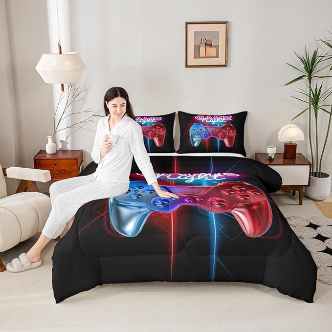 Boys Gaming Comforter Set Queen Size Teens Gamer Bedding Set Modern Blue Red Video Game Controller Comforter For Kids Children Youth Bedroom Decor Multi-Color Gamer Console Action Buttons Duvet Set