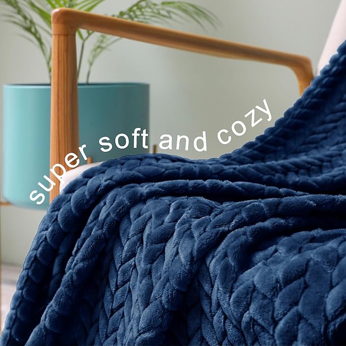 Exclusivo Mezcla Fleece Queen Size Blanket for Bed, 90x90 Inches Soft Cozy Jacquard Flannel Blankets, Lightweight Fuzzy Plush Warm for Women, Navy Blue