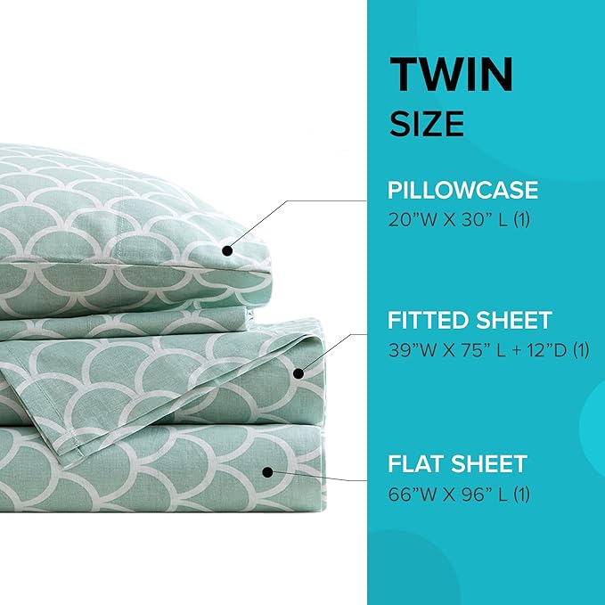 Comfort Spaces 100% Cotton Sheet Set Breathable, Lightweight, Soft with 12" Elastic Pocket Fits up to 14" Mattress, All Season Cozy Bedding, Matching Pillow Case, Twin Scales 3 Piece
