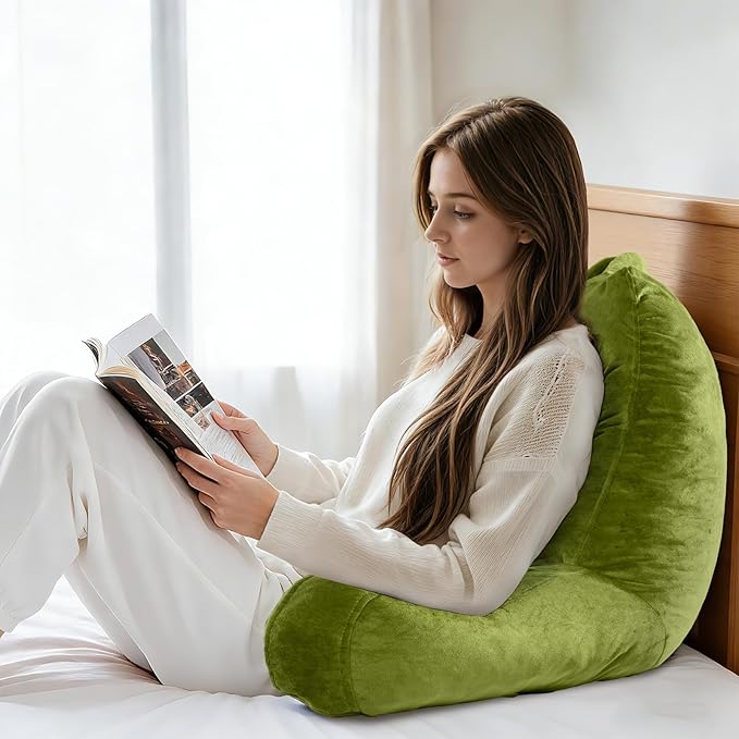 Reading Pillow for Sitting in Bed Adult, X-Large Reading Pillow with Shredded Memory Foam, Back Pillow for Sitting Up with Extend Arms, Pockets, Bed Pillow with Washable Cover, FluorescentGreen