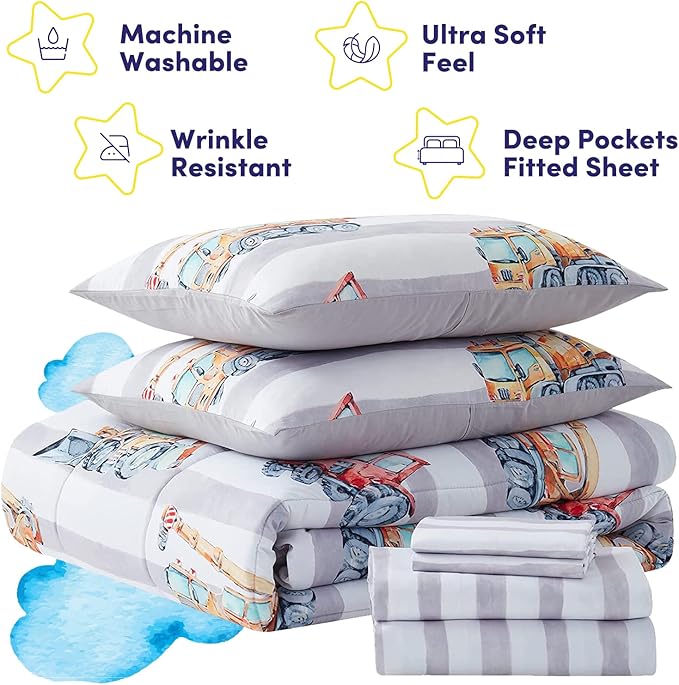 Kids Bedding Set Bed in a Bag for Boys and Girls Toddlers Printed Sheet Set and Comforter , Full, Trucks