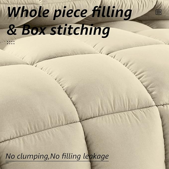 HYLEORY All Season Full Size Bed Comforter - Cooling Down Alternative Quilted Duvet Insert with Corner Tabs - Winter Warm - Machine Washable - Beige