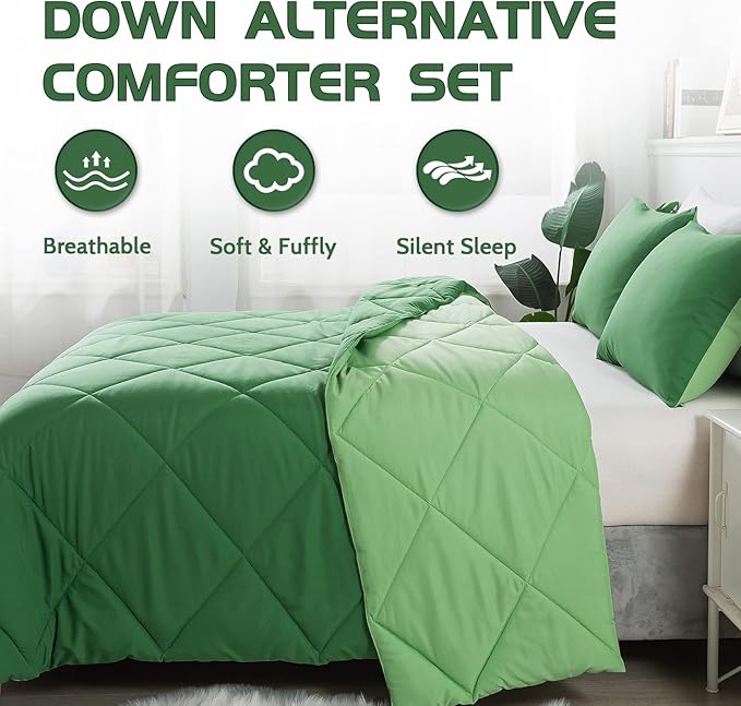 Decroom Lightweight King Comforter Set with 2 Pillow Sham - 3 Pieces Set - Quilted Down Alternative Comforter/Duvet Insert for All Season - Olive Green/Grass Green - King Size