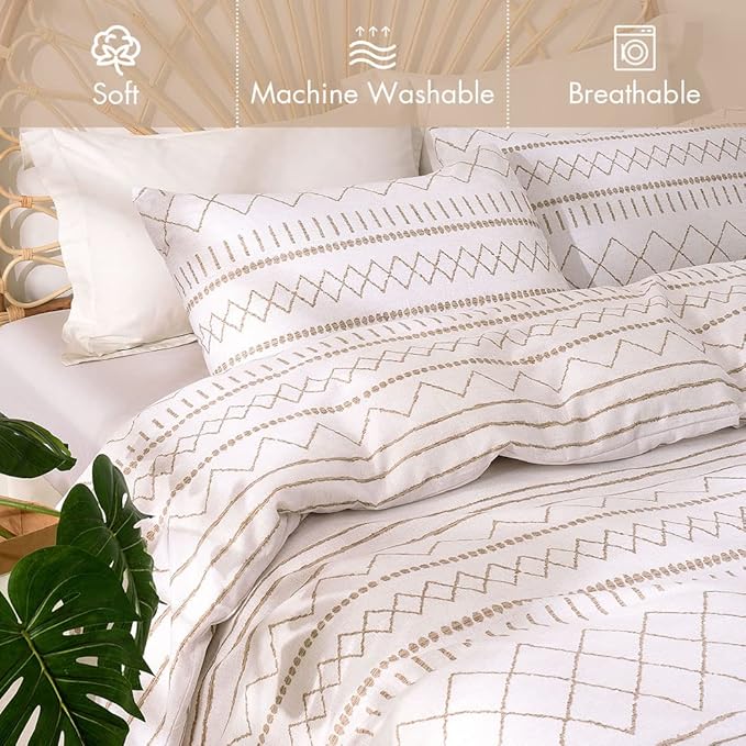 Lekesky Duvet Cover King Size, Soft Microfiber Boho Aztec Duvet Cover Set White Geometric Pattern Bohemian Bedding Duvet Cover Set with Zipper Closure Corner Ties (No Comforter)