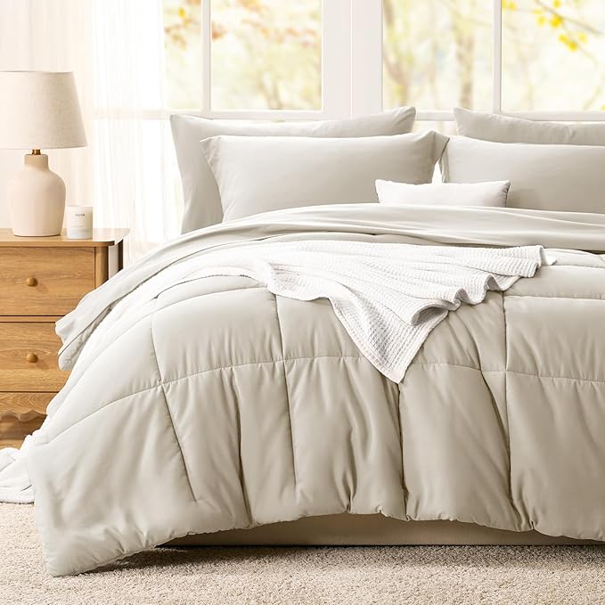 CozyLux Queen Comforter Set Oatmeal - 7 Pieces Bed in a Bag Queen, All Season Breathable Bedding Sets, Oeko-Tex Certified Bed Set with Down Alternative Comforter, Sheets, Pillowcases & Pillow Shams