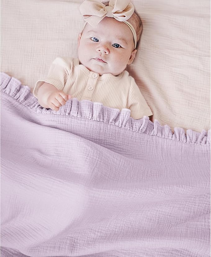 Konssy Flounce Muslin Baby Blankets, Cotton Crib Blanket for Baby Infant Toddler, Super Soft and Lightweight Nursery Blankets 40"x36" (Purple)