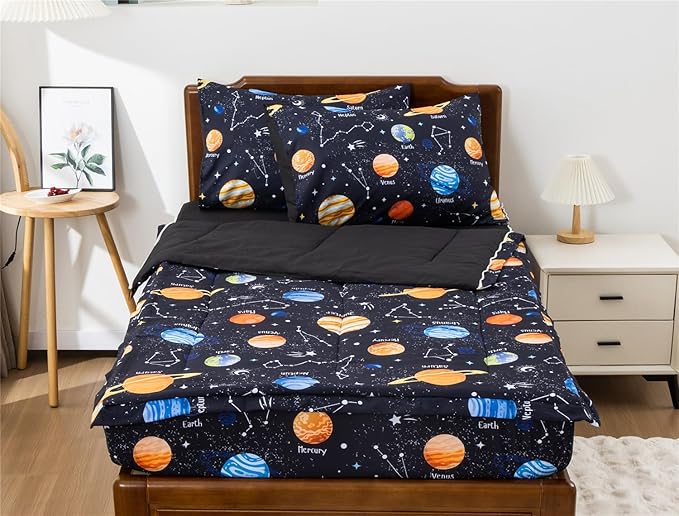 Meeting Story 3pcs Kids Comforter Sets Zipper Bedding Set for Boys,Twin Kid Bedding Set Outer Space Comforter Universe Galaxy Bedding for Kid,All in one Zipper Bedding（Black,Twin）