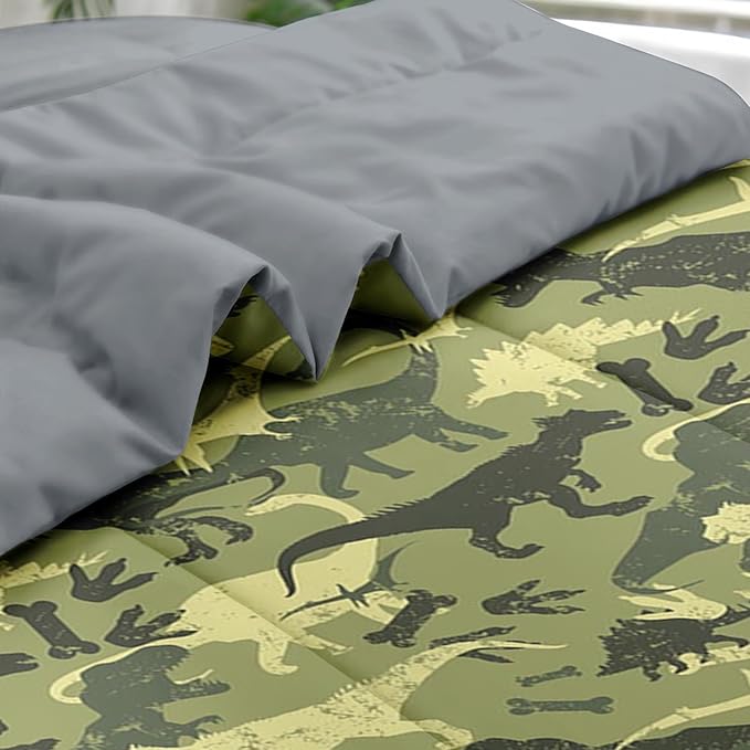 Comforter Set Queen Size, Camouflage Dino Dinosaur 7 Pcs Bedding for Kids and Adults, Cute Funny Green Bed Sheet Sets with Fitted Sheet 2 Pillowcases & 2 Shams for Bedroom Bed Decor