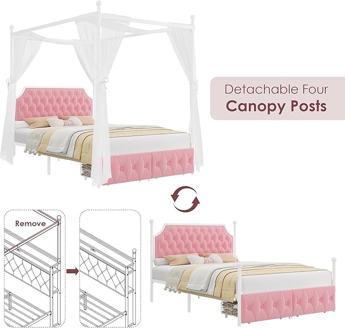 Keyluv Queen Upholstered Canopy Bed Frame with 2 Drawers and Button Tufted Headboard, Metal Platform Bed with 4 Removable Posts Two-Purpose Velvet Bed No Box Spring Needed, Pink/Curtains Not Included