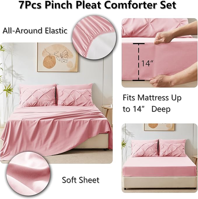 King Comforter Set Pink, 7 Pieces Pintuck Bed in A Bag King Size Bedding, Soft Bed Set All Season Pinch Pleat Comforter Set with Sheets, Pillowcases & Shams