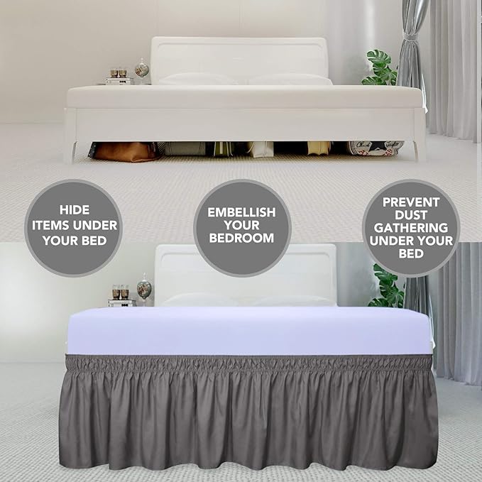 PureFit Wrap Around Ruffled Bed Skirt with Adjustable Elastic Belt - 22 Inch Drop Easy to Put On, Wrinkle Free Bedskirt Dust Ruffles, Bed Frame Cover for Twin,Twin XL and Full Size Beds, Dark Gray
