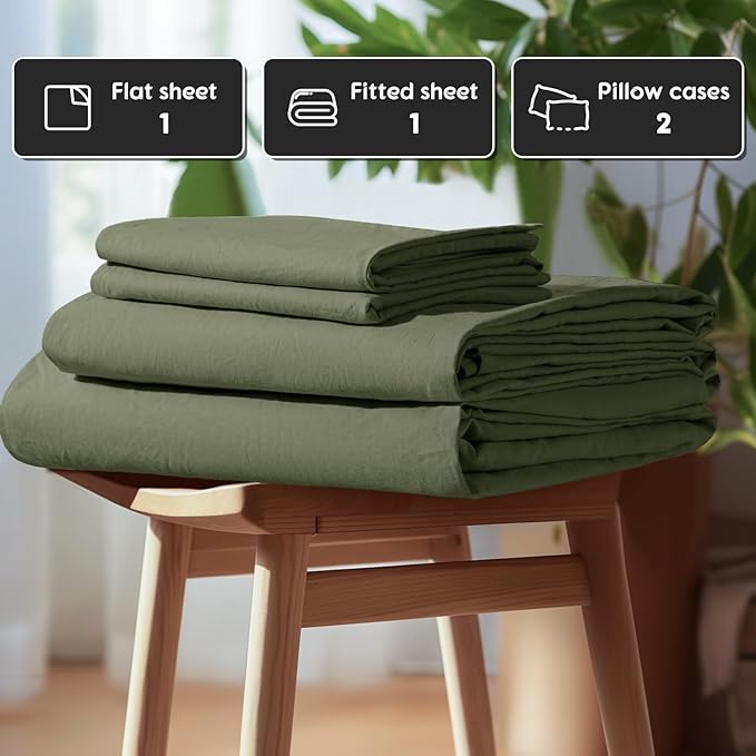 SONORO KATE 100% French Pure Linen Sheets, Breathable and Durable Line Sheets, Anti-Tear Line Bed Sheets, Machine Washable, 16 Inch Deep Pocket - 4 Piece (Olive Green, California King)