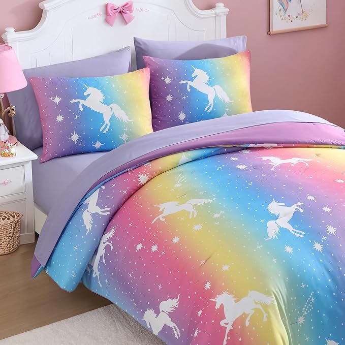 Full Comforter Set for Girls Kids - 7 Pieces Rainbow Unicorn Full Size Bedding Sets for Kids, Soft Cozy Bed in A Bag with Sheets