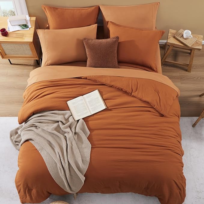 WRENSONGE Queen Comforter Set- 7 Pieces Soft Burnt Orange Bed in a Bag with Fitted Sheet, Flat Sheet, 2 Shams, and 2 Pillowcases-Warm Bed Sets Fall Comforter for All Seasons