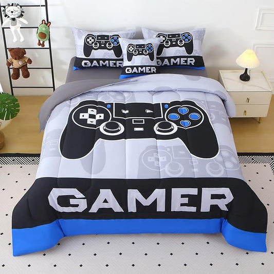 JQinHome Twin Gamer Comforter Sets for Boys,6 Piece Bed in A Bag 3D Video Gamer Bedding -All Season Microfiber Gaming Bedding Set for Kids, with Sheet Sets (Cyber Blue)