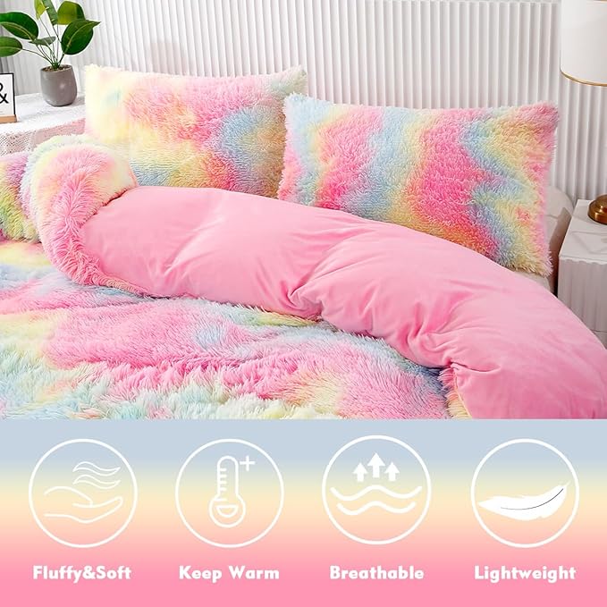 PERFEMET 3 Pcs Faux Fur Pink Comforter Set Queen Fluffy Shaggy Tie Dye Bedding Set for Girls Colorful Rainbow Ultra Soft Plush Velvet Furry Bedding Quilt Set(Pink, Queen)