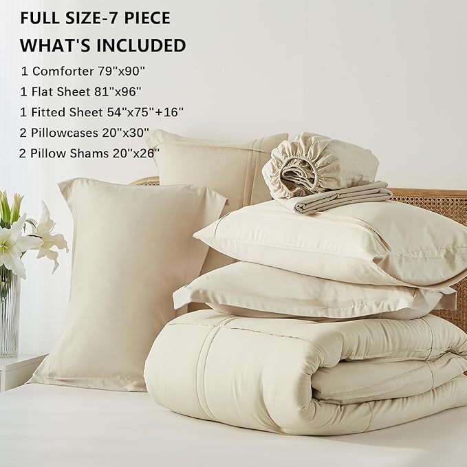 Yogeneg Full Size Comforter Set 7 Piece Bed in a Bag,Grid Pinch Pleat Beige Bedding Set,Striped Textured Soft Microfiber Comforter with Sheet Set,All Season Complete Bed Set(Beige,Full)